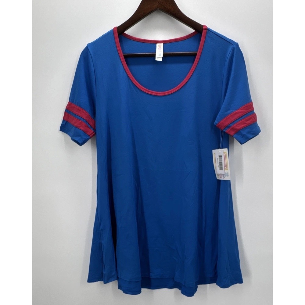 LuLaRoe Perfect Tunic T-Shirt Womens XS Blue Solid Scoop Neck Short Sleeve Trim